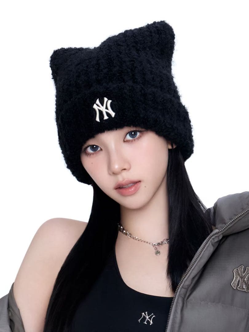 【新品未使用】MLB KOREA カリナ着用 猫耳 ニット帽 ブラック 韓国限定