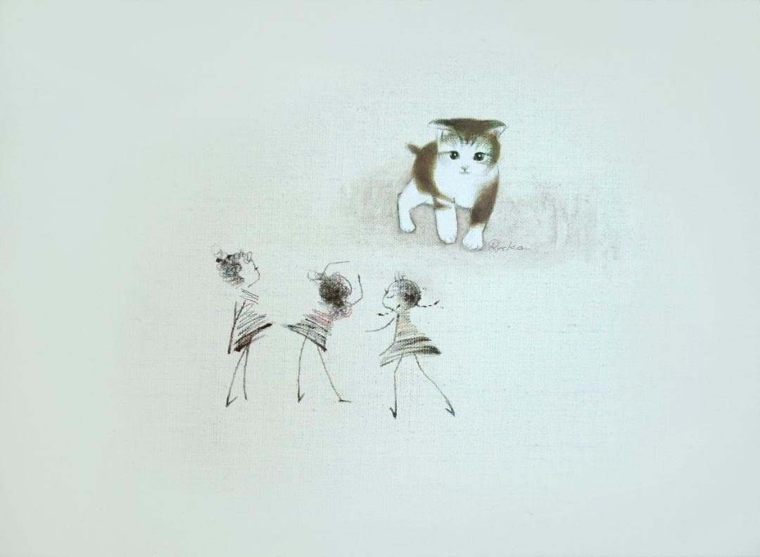 油絵 菅家令子 絵 絵画 インテリア額付(黒) F4-090218子猫と女の子蟻