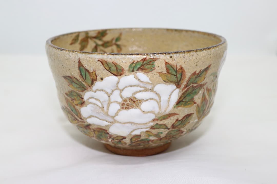 京焼 中村良二 灰釉 牡丹絵 茶碗 茶道具 共箱 共布