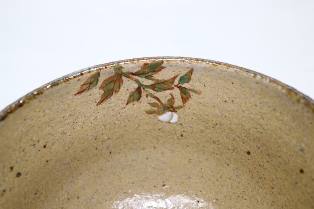 京焼 中村良二 灰釉 牡丹絵 茶碗 茶道具 共箱 共布