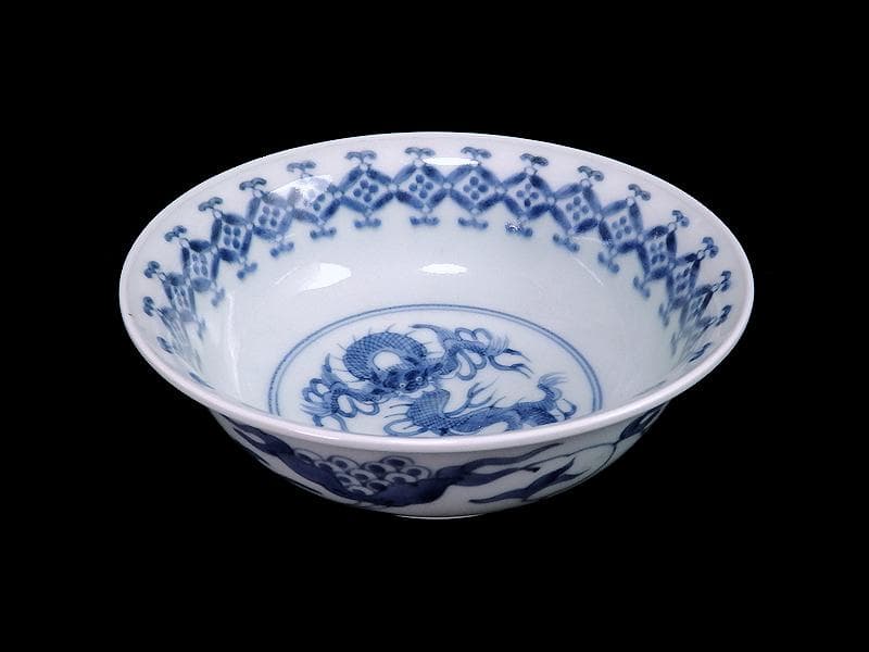 古伊万里　染付　七宝繋ぎ紋に龍の図　膾皿　５客　江戸期　A050AS-CKk