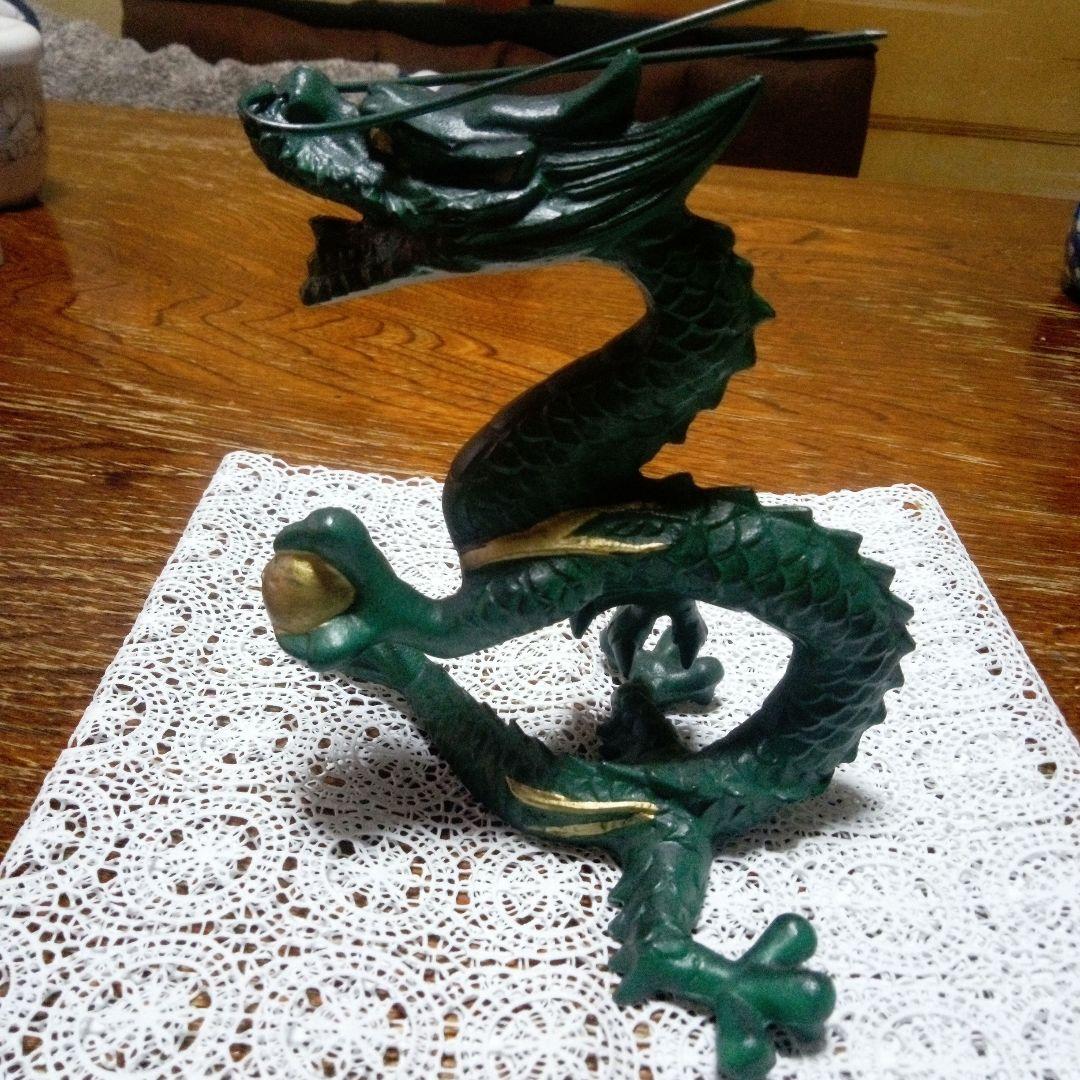 （美品）昇龍正義作金属工芸置物金属製ドラゴン彫刻 緑色
