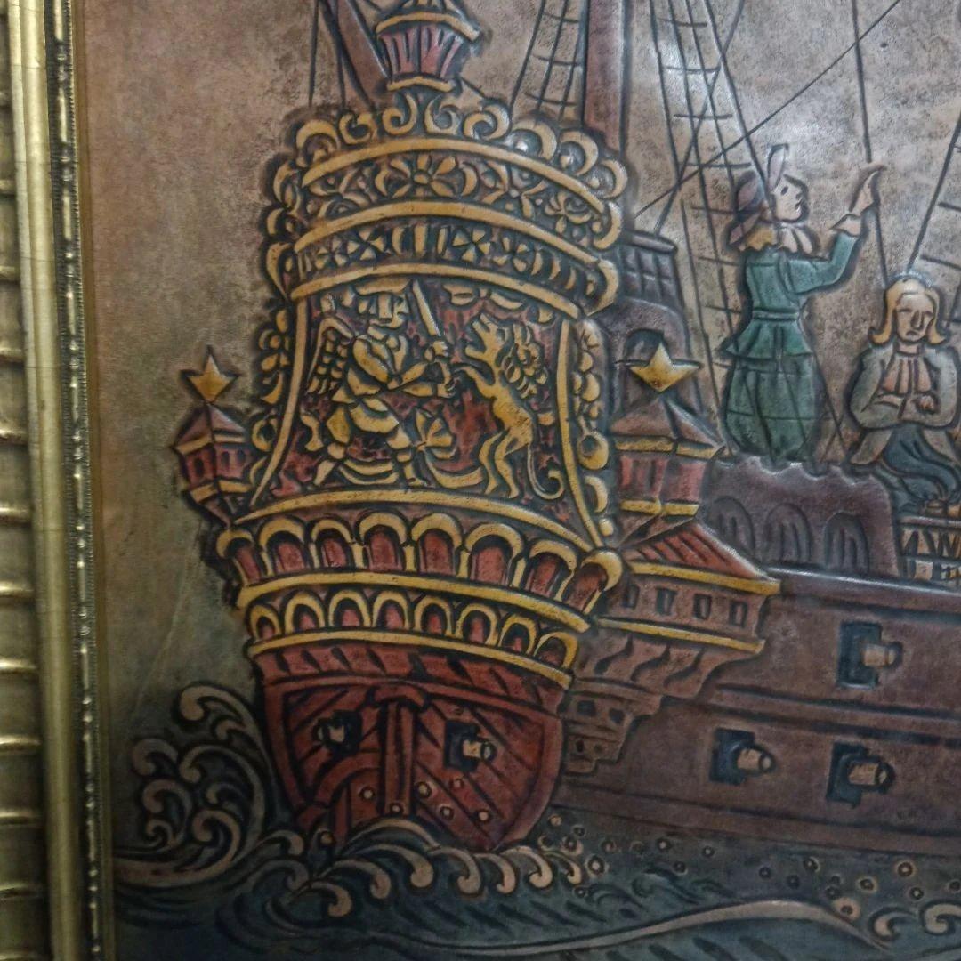 5678) 栗原千鶴子 南蛮船　革細工の絵画　画家の解説あり