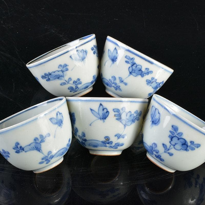 煎茶道具　伊万里焼　古伊万里　染付　花蝶文　煎茶碗　五客　時代箱　D　R6222