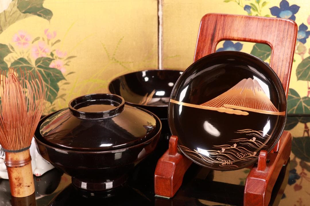 BJ022　時代輪島　雲上富士図金蒔絵　吸物椀　二客　木製　茶道具　懐石　菓子