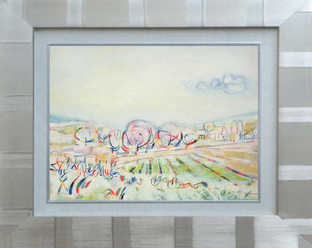 絵画 インテリア 絵 額付(青緑＋金色の枠) 油絵F4-080311 風景 畑