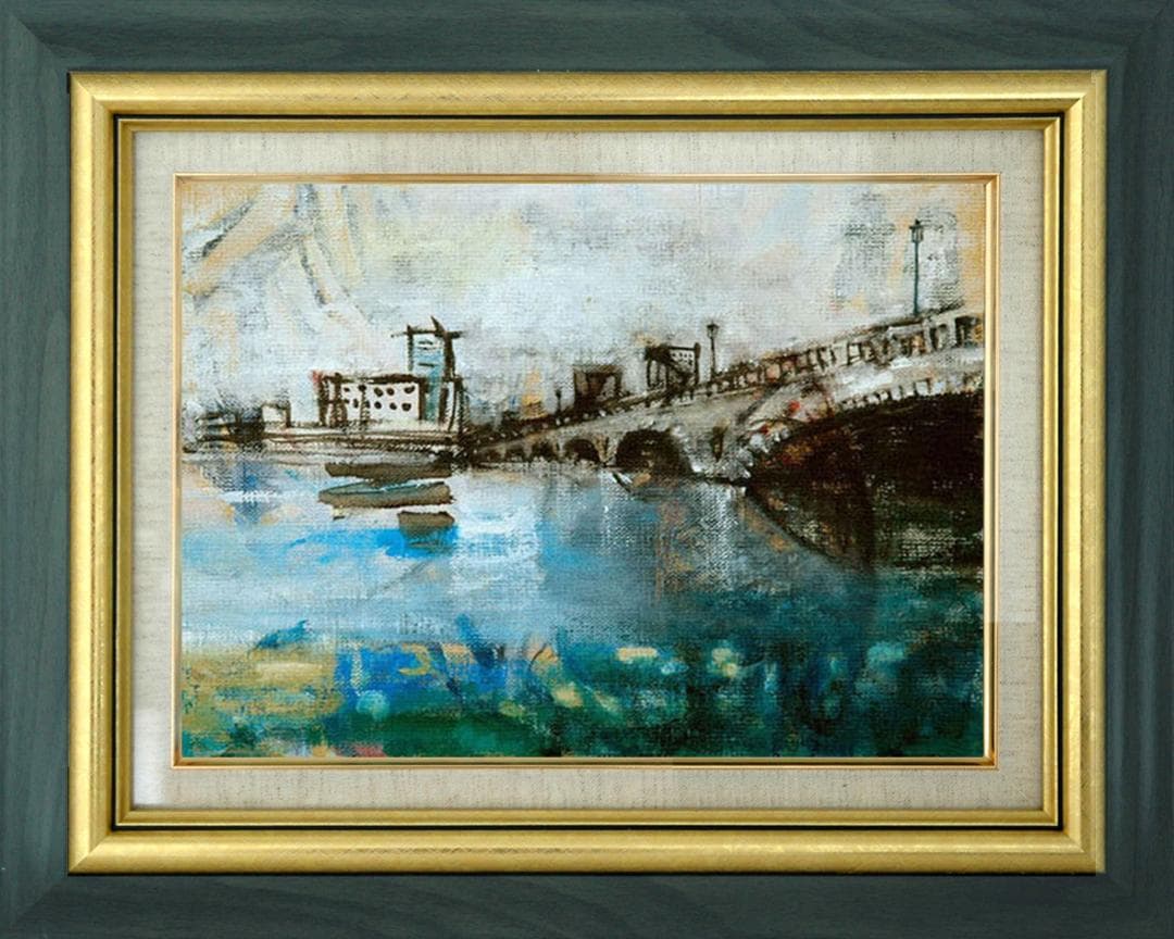 油絵 菅家令子 絵 絵画インテリア額付(黒) F4-090914 風景万代橋新潟