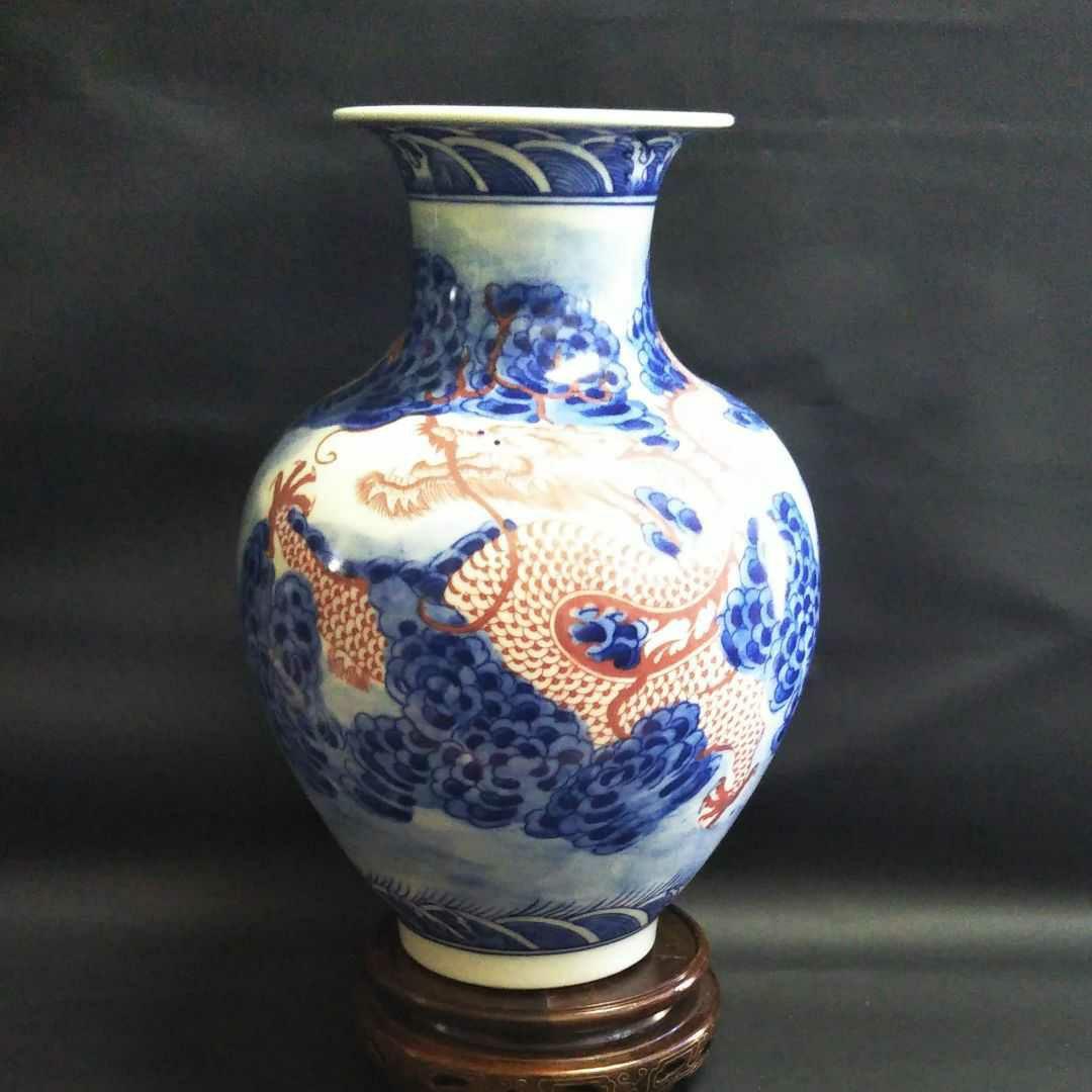 ※中国古美術/青花釉裏紅赤龍紋瓶(底款:大清康熈年製)保存箱付/