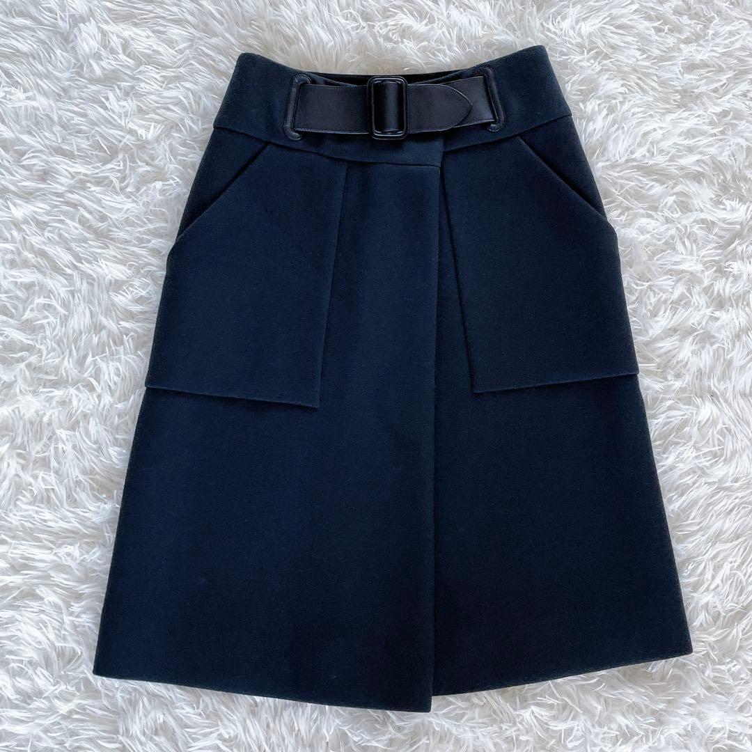 美品✨希少【エルメス】ウールアンゴラ ビッグベルトラップスカート ブラック 36