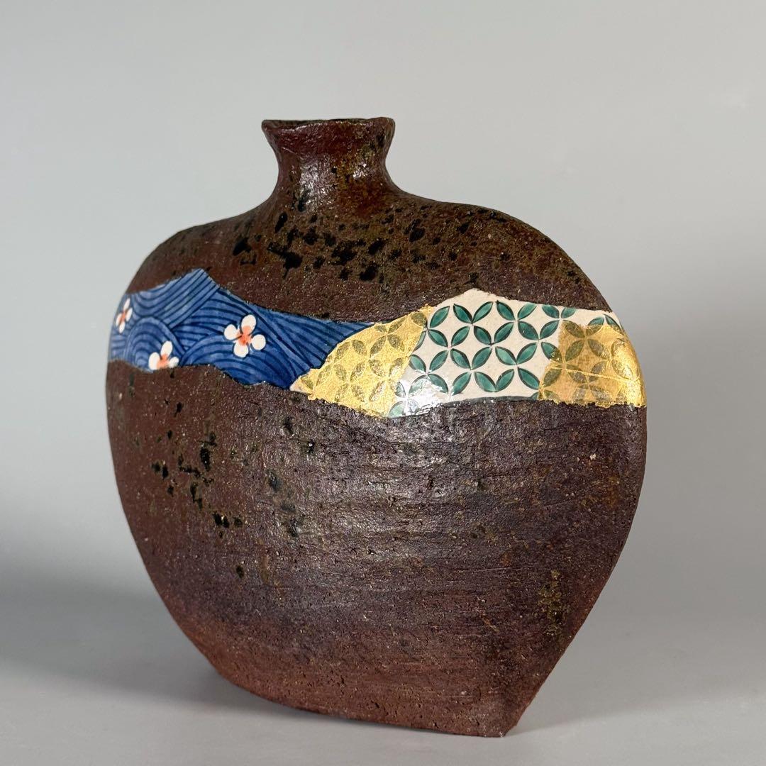 【中村梅山 造】象嵌色絵扁壷 在銘 飾壺 陶芸家 加賀の仁清 花入 花瓶 華道具