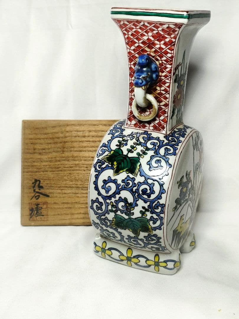 九谷焼 遊環付 太鼓胴花生 明治骨董 共箱 手描き 旧家蔵出し コレクター放出