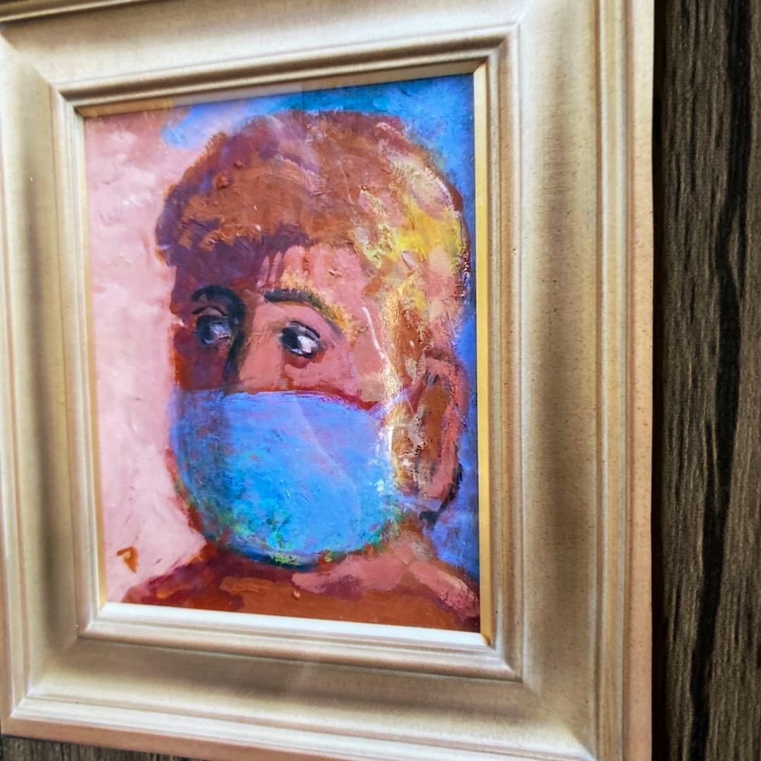 絵画　油絵　油彩画　菊地正則　「マスクをする男」F3号　額付き　サインあり　美品