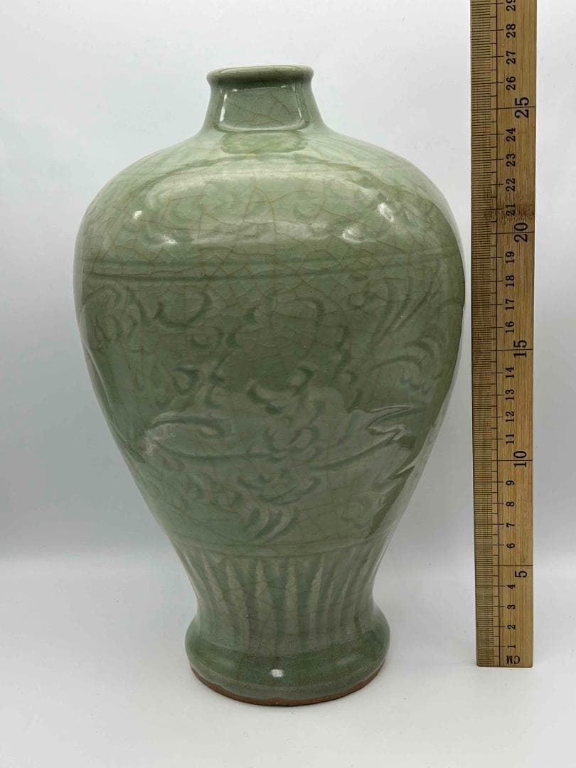 南宋時代　龍泉窯　梅子青 青磁 刻花文大梅瓶 花入　花瓶　茶道具(B-29)