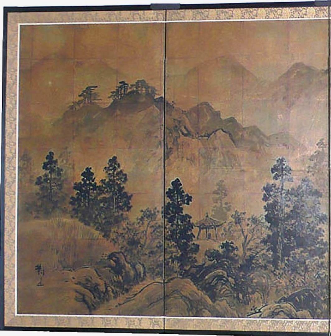 四つ折り屏風　日本画　金箔彩色　寒村山水