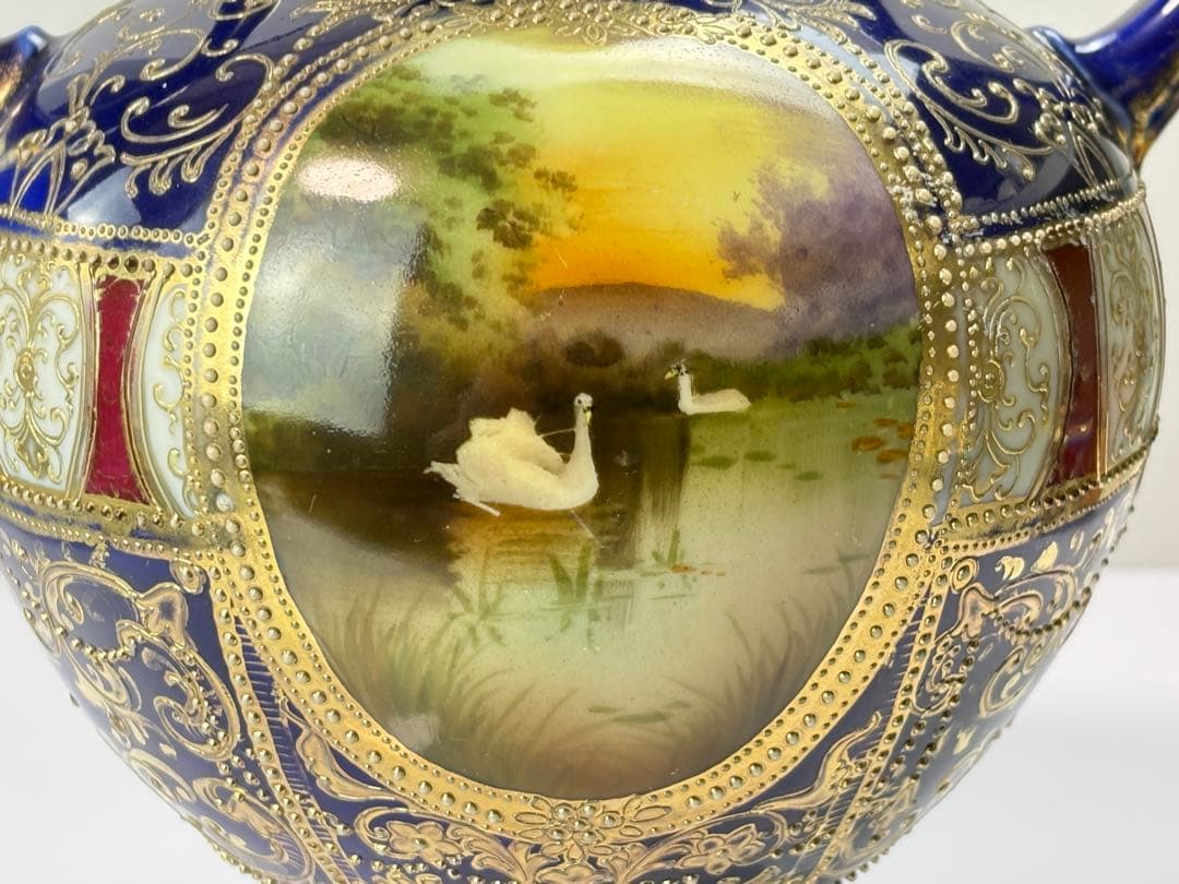 里帰り オールド ノリタケ コバルト 金盛湖畔白鳥図 双耳花瓶 R71123-4