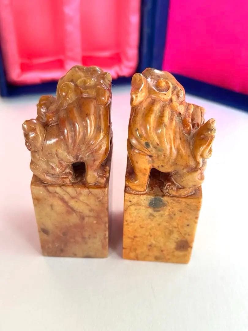 【希少】獅子鈕紅芙蓉橙石印材　印石　印材　中国　2個セット　箱入り