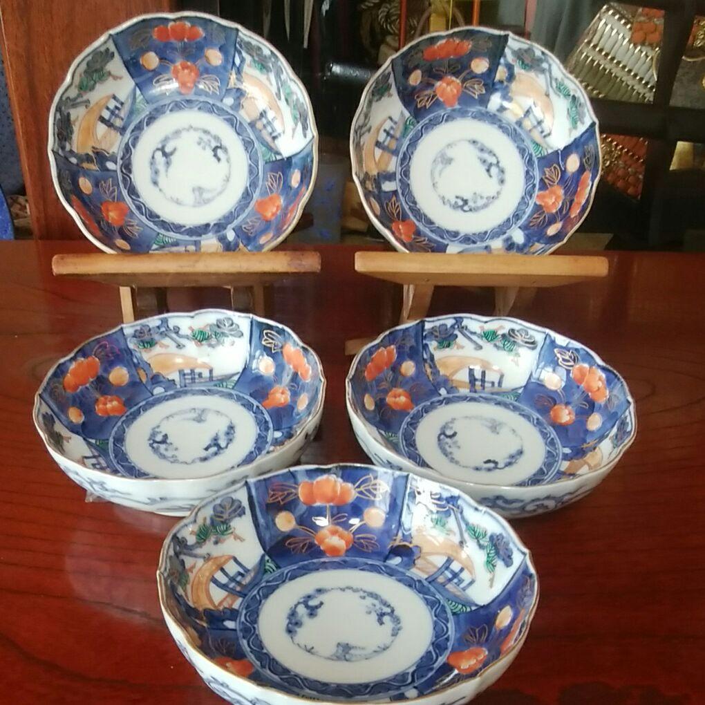 168  古伊万里　金採錦　輪花　膾皿　5客