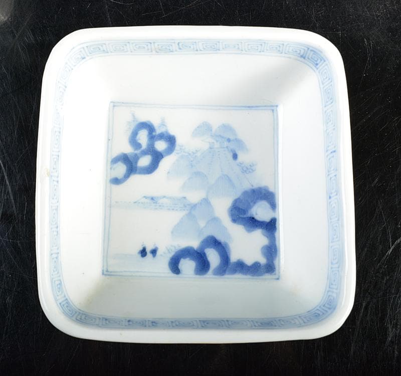 中国　宣嘉年製款　青花　漢詩山水雲龍文　四方小鉢　5客　M R4632
