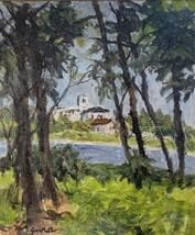 【真作】絵画　油彩8号　木立の向こうの白い家　異国情緒あふれる風景画　W93
