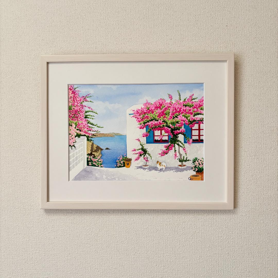 透明水彩画　原画　「エーゲ海とブーゲンビリア01」額縁付き　F4サイズ　風景画