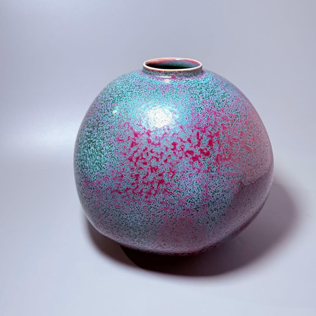 四郎窯　日展作家　四郎作　紫尖紅面取　壺　共箱　高さ23㎝　上位作