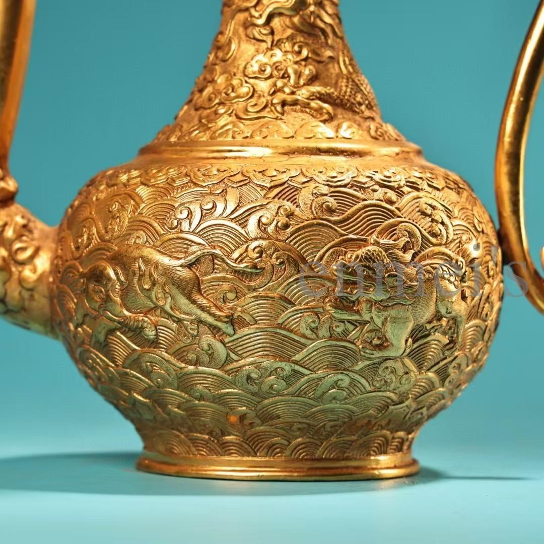中国古美術・珍蔵純銅製・鎏金・酒器・高浮彫酒壺・純手作り・茶道具・酒具・風水置物