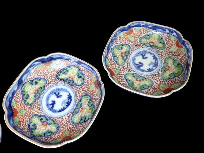 大聖寺伊万里　金襴手　毘沙門亀甲紋に松竹梅　四方角皿３枚　C775AS-fbbj