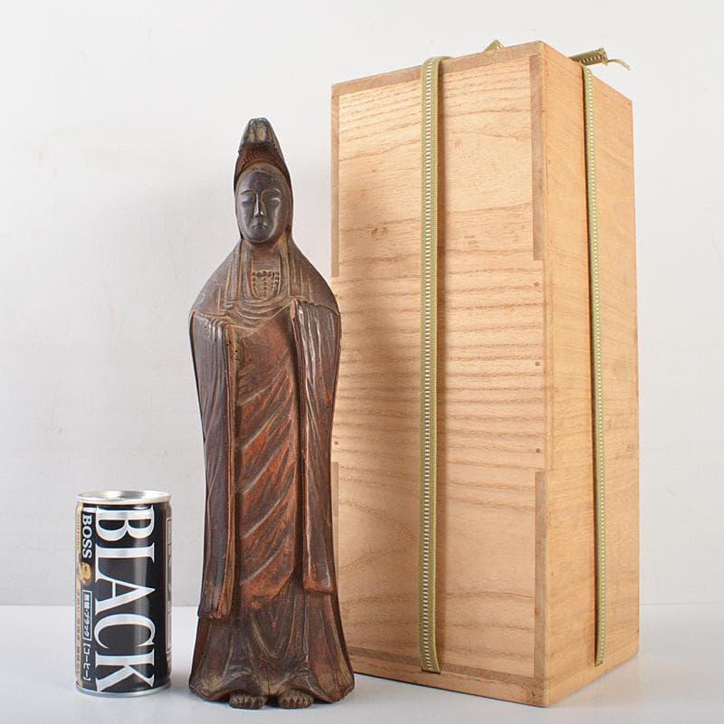 仏教美術　木彫　観音菩薩立像　仏像　在銘　高さ約31cm　時代箱付　MR7171
