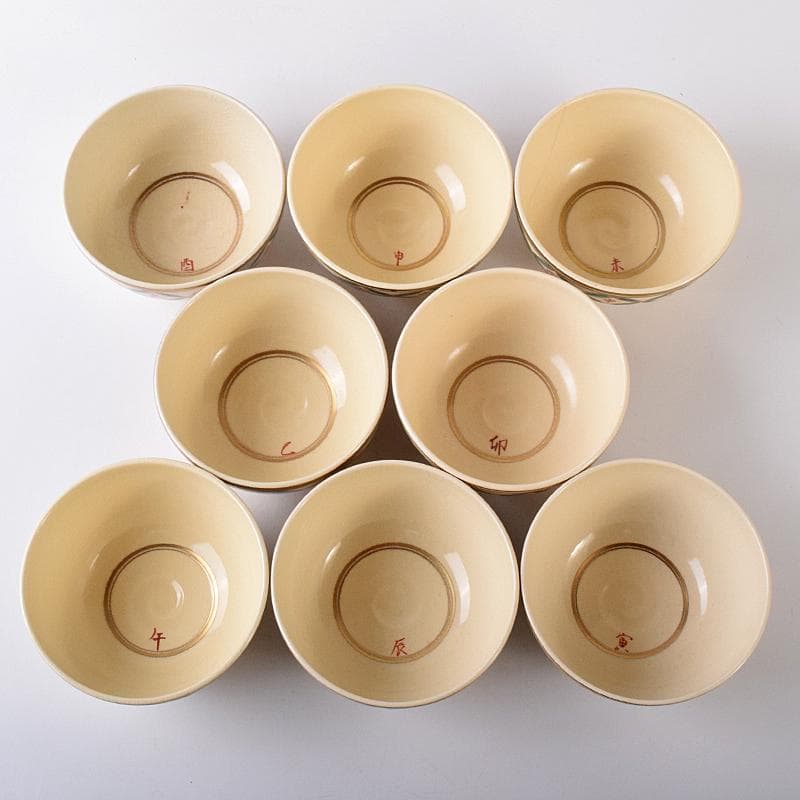 茶道具　京焼　杉田祥平造　色絵仁清　七宝干支図　茶碗　八客　共箱　MR7890B
