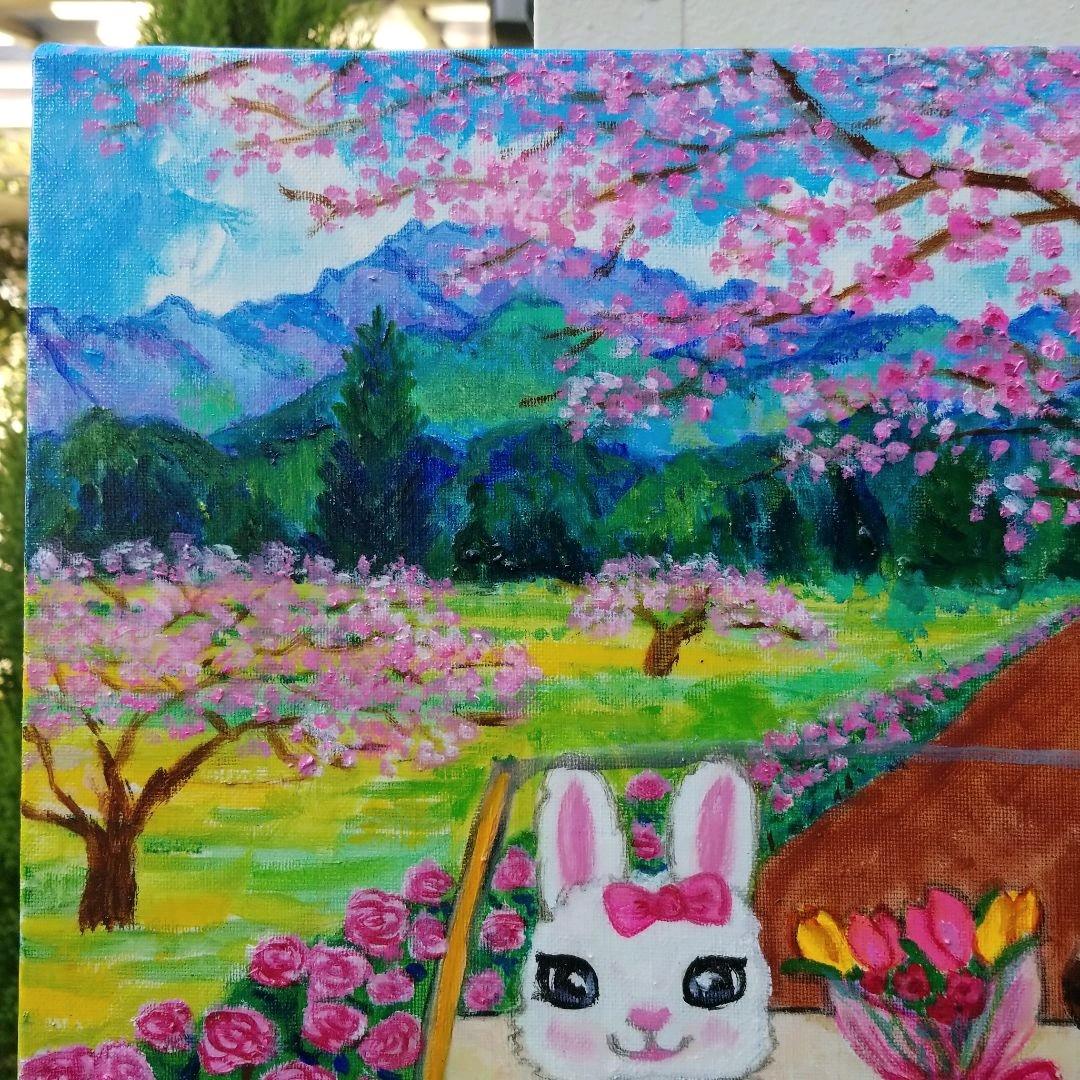 油絵　星野莉莉　ボルボに乗るうり坊とうさぎさんのカップル　バラとさくら