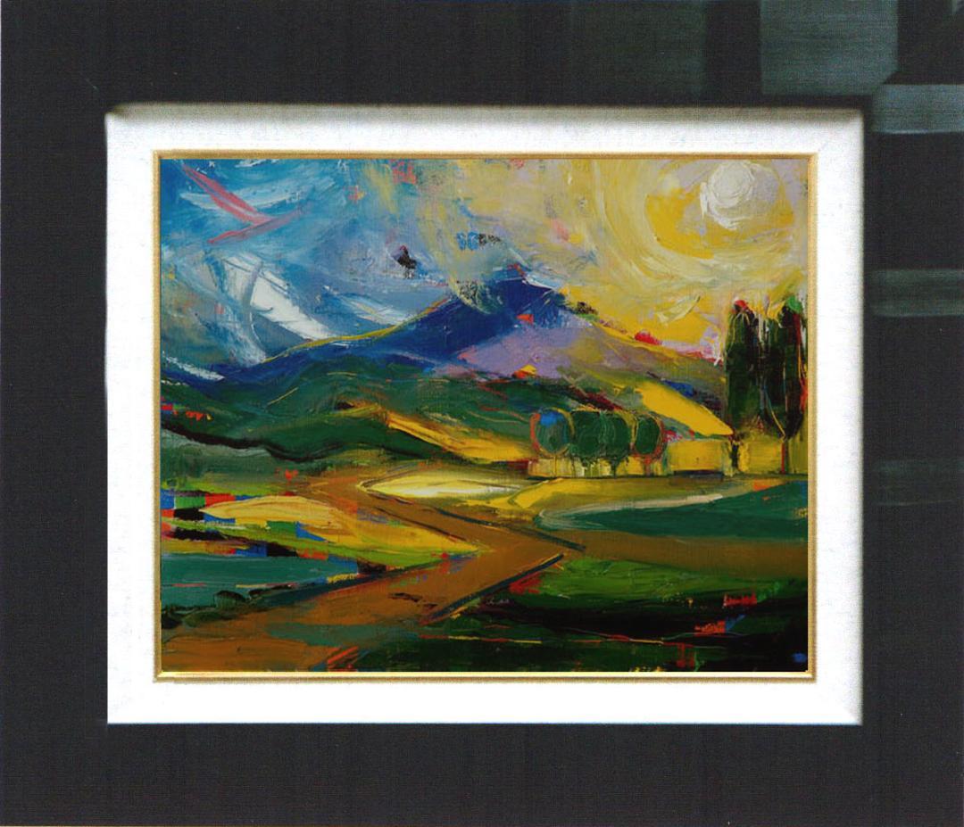 絵画 インテリア 絵 額付(黒）油絵 F4-081411 風景 朝夕陽 山 田園
