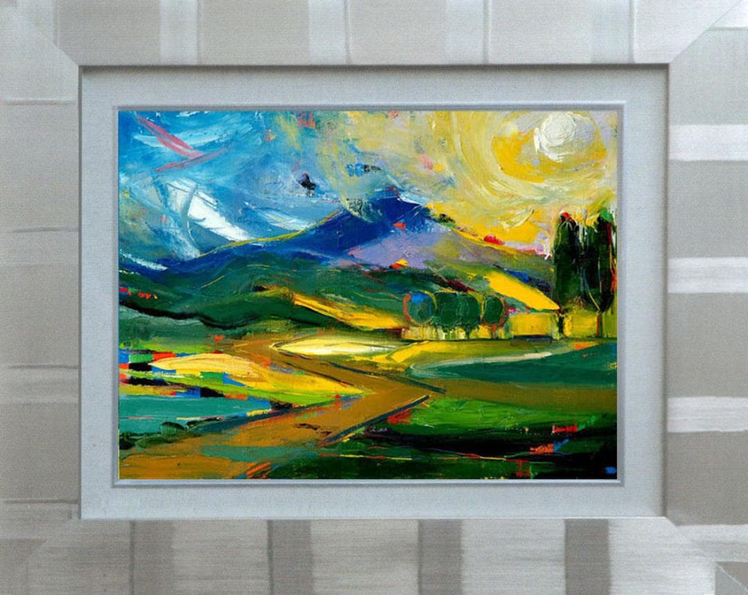 絵画 インテリア 絵 額付(黒）油絵 F4-081411 風景 朝夕陽 山 田園