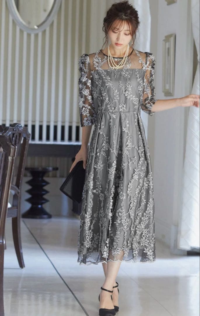 ハレモード　haremode 刺繡レース バックリボン パーティードレス