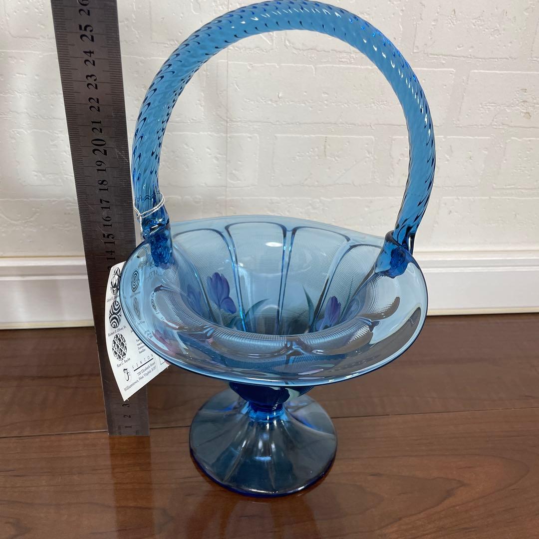 フェントン　ハンドペイント　ブルー チューリップ ガラス バスケット