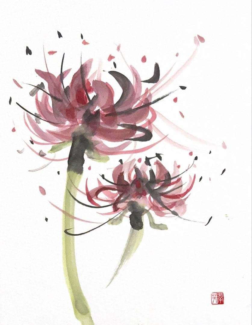 【古口翠芳/Suihou Koguchi】墨彩画　彼岸花オリジナル　木製額縁付き