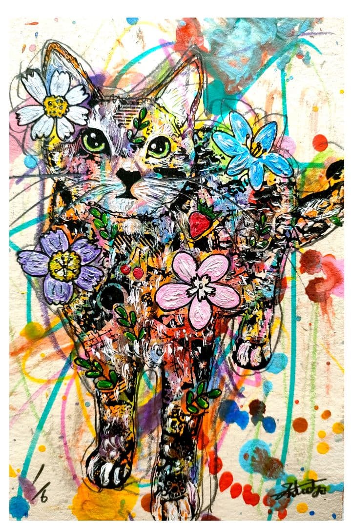 手作り額付き銅版画作品　title「たび猫」「たち猫」「日は登る猫」3枚セット」