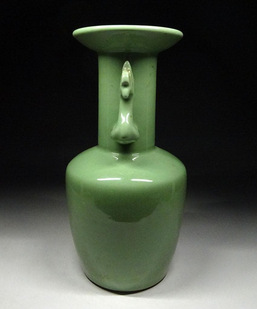 中国古玩 青磁 双耳 花瓶 高約30cm 唐物 時代物 t92559