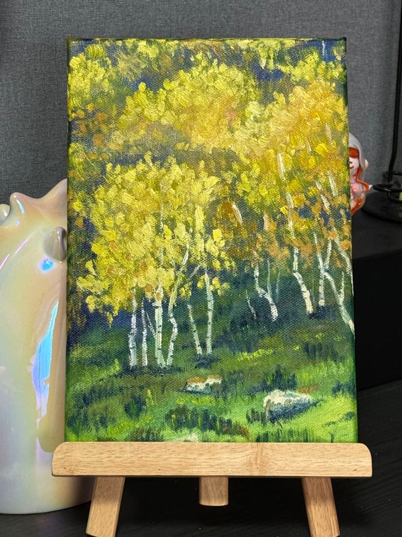 「金色の森」　手描き　油絵　風景画　原画　油彩画　印象派