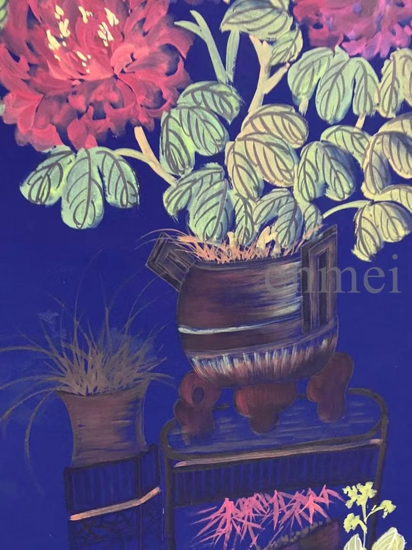 中国古美術・旧藏珍品・齐白石款・花卉画・宣紙・純手描き・掛軸・中堂畫・藍地装飾