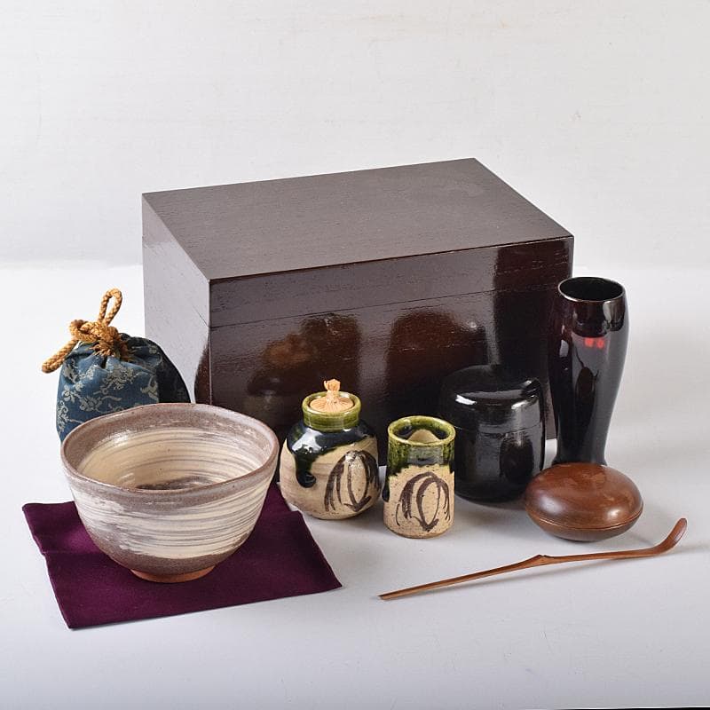 茶道具　利休茶箱　浅見与し三作　茶碗　織部焼　振出など　八点　一式　VR7984