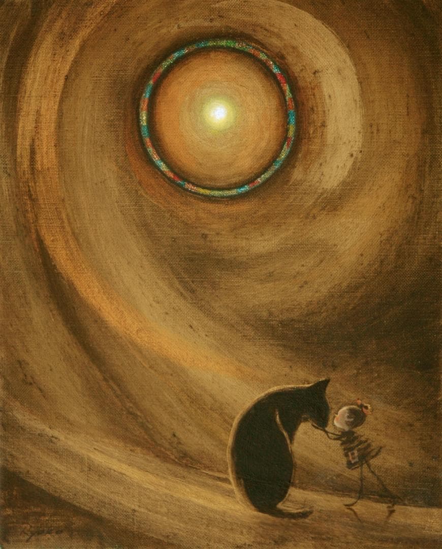 油絵 菅家令子絵 絵画インテリア額付(銀) F3-072819 祈り子犬猫女の子