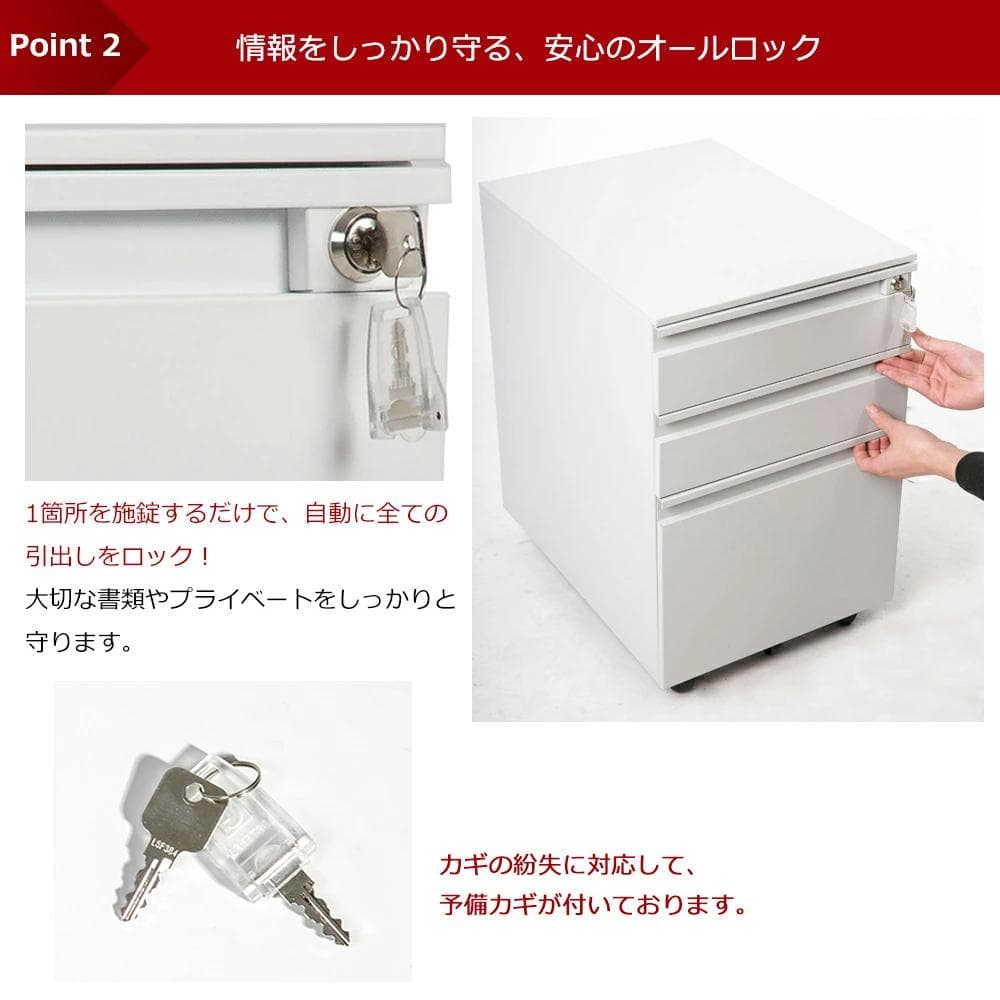超人気！オフィスワゴン3段組立て不要 キャスター付き 鍵付き60cm（ホワイト）