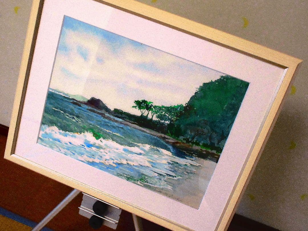 観音崎海岸水彩画 木製フレーム付き