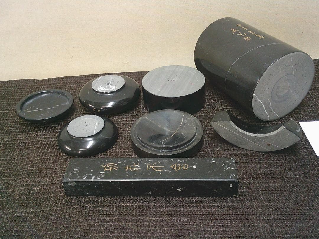 【大理石文房具　諸々5点　筆筒　筆置き　容器　筆記用具　筆入・Ｂ１９】水滴　矢立
