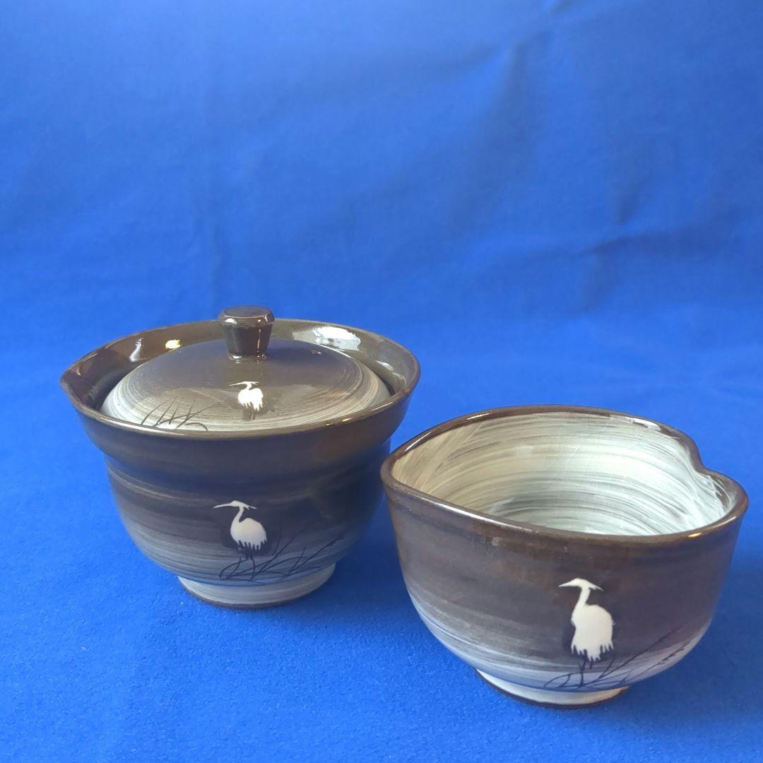 臥牛窯 現川焼 茶器セット 無形文化財指定　十三代横石臥牛　刷毛白鷺図