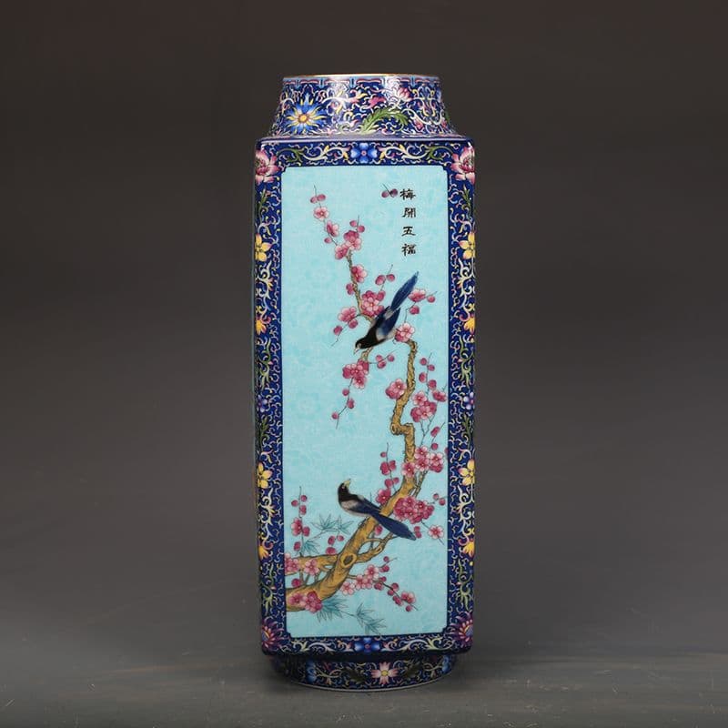 琺瑯彩花鳥紋四角瓶  工芸品 美術品 置物
