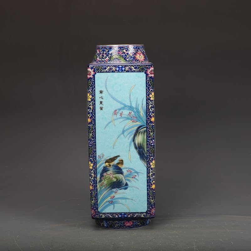 琺瑯彩花鳥紋四角瓶  工芸品 美術品 置物