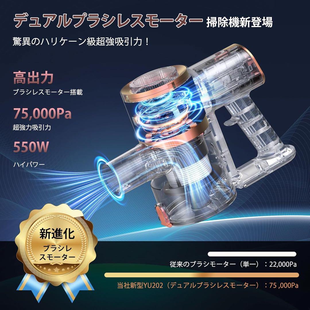 掃除機 コードレス　75Kpa　自立式　置くだけ充電　グリーンLEDライト