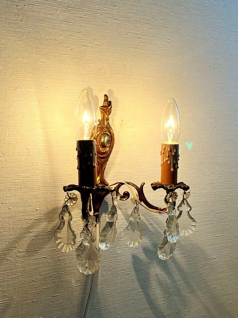 【美品】フランスアンティーク クリスタルドロップ 2灯ブラケット[3026]