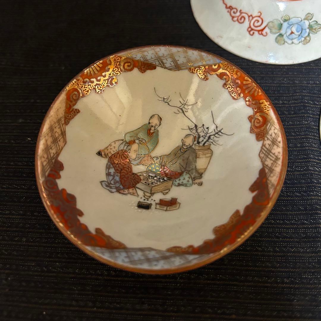 珍品　明治期　赤絵九谷　賢人囲碁遊戯図盃　三客揃　本物保証